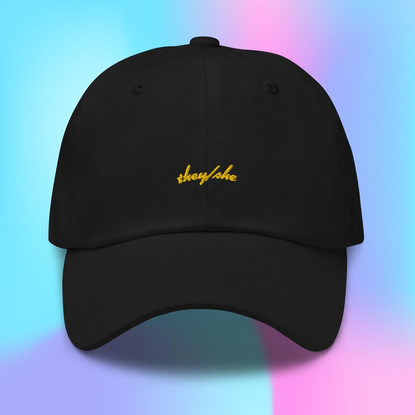 Pronouns Dad Hat - they/she - yellow stitch