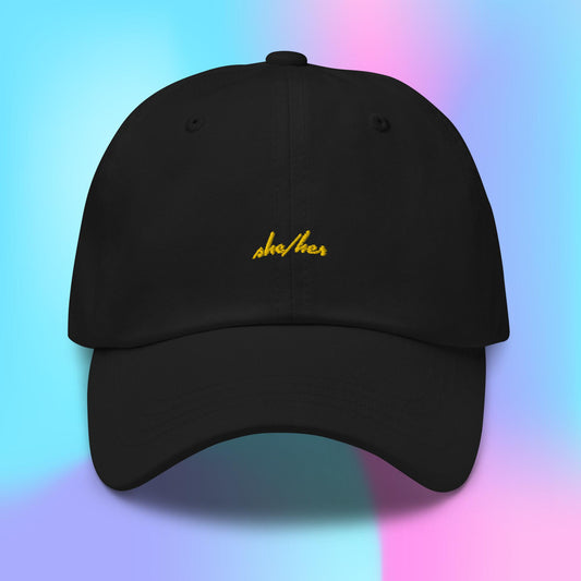 Pronouns Dad Hat - she/her - yellow stitch