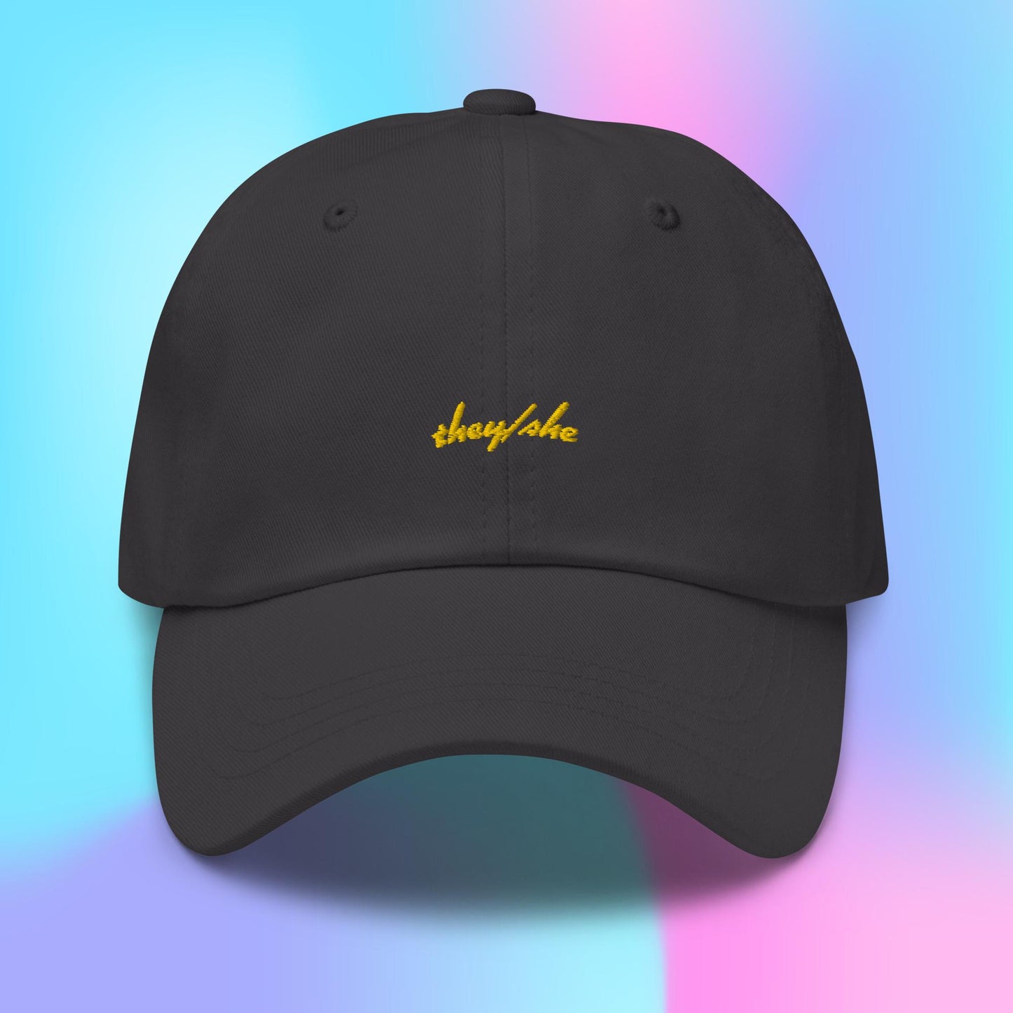 Pronouns Dad Hat - they/she - yellow stitch