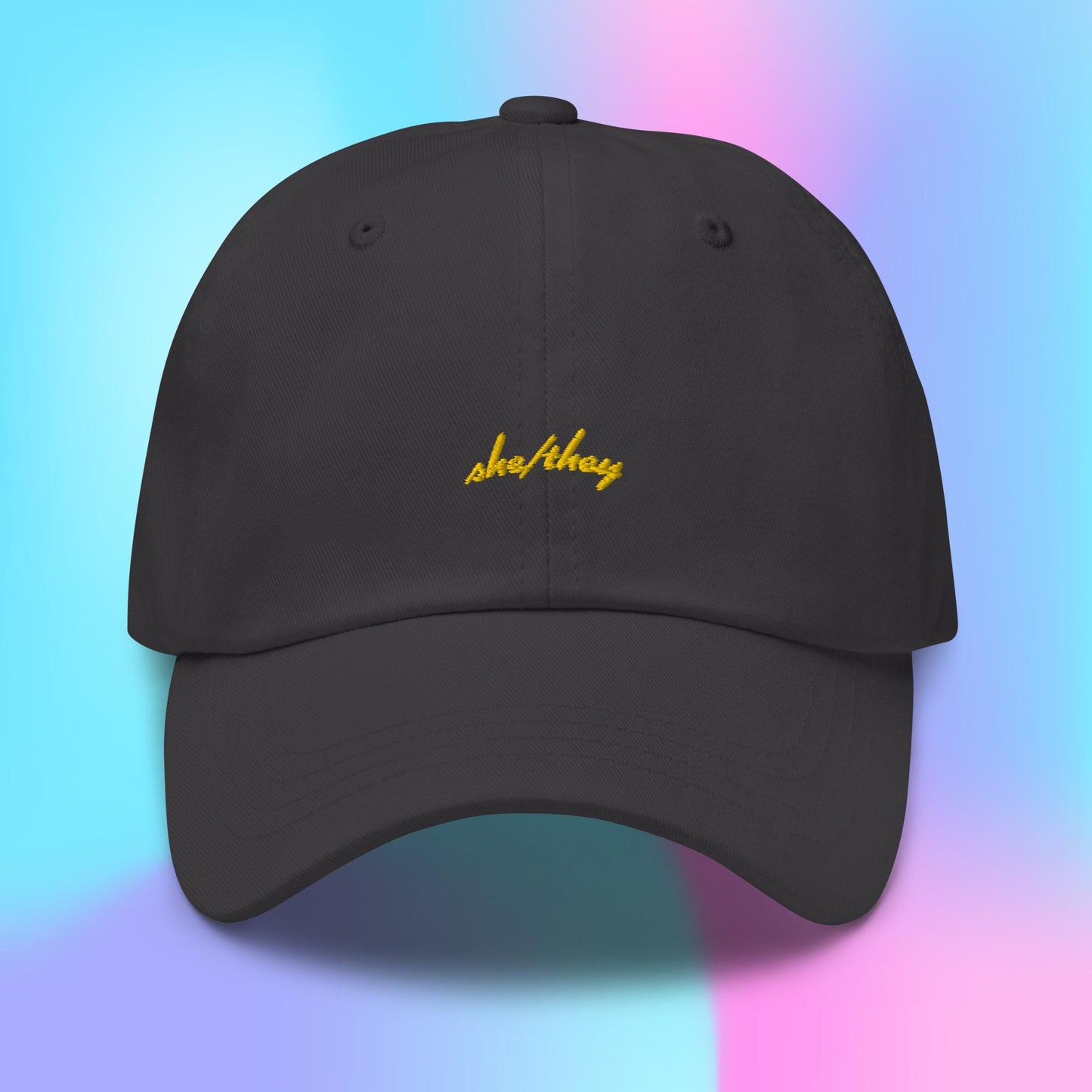 Pronouns Dad Hat - she/they - yellow stitch