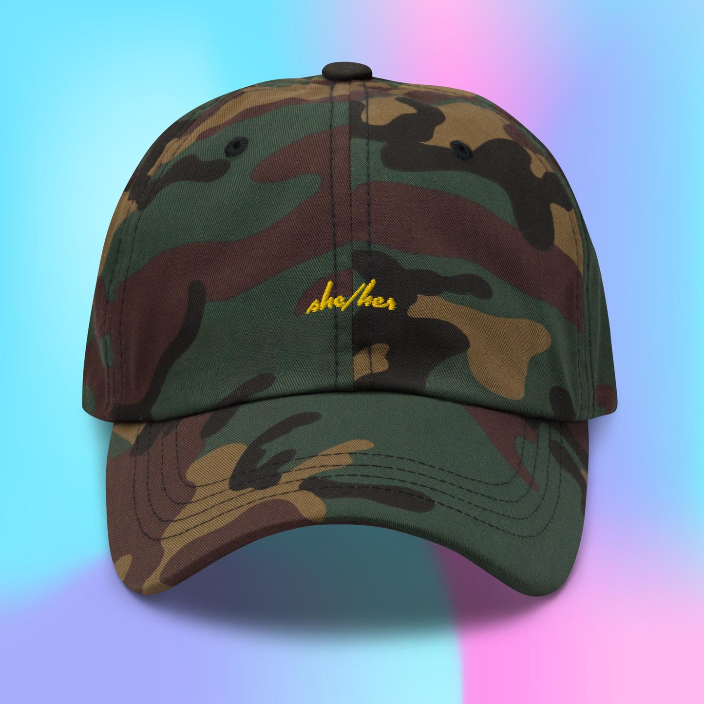 Pronouns Dad Hat - she/her - yellow stitch