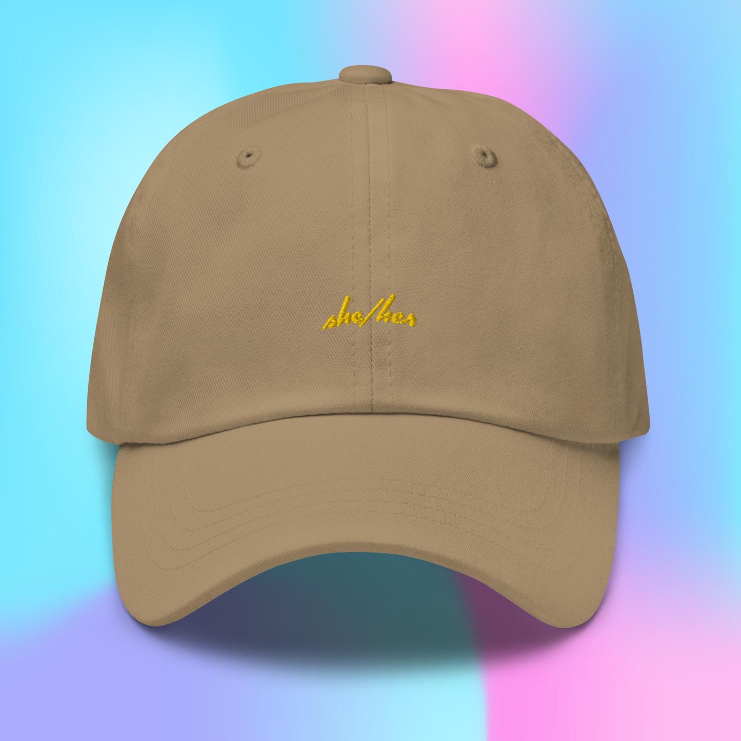 Pronouns Dad Hat - she/her - yellow stitch