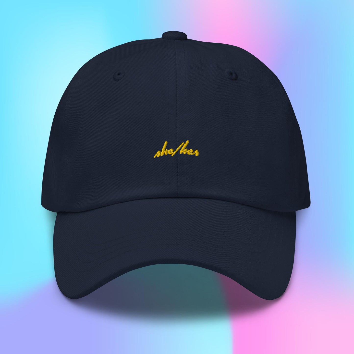 Pronouns Dad Hat - she/her - yellow stitch