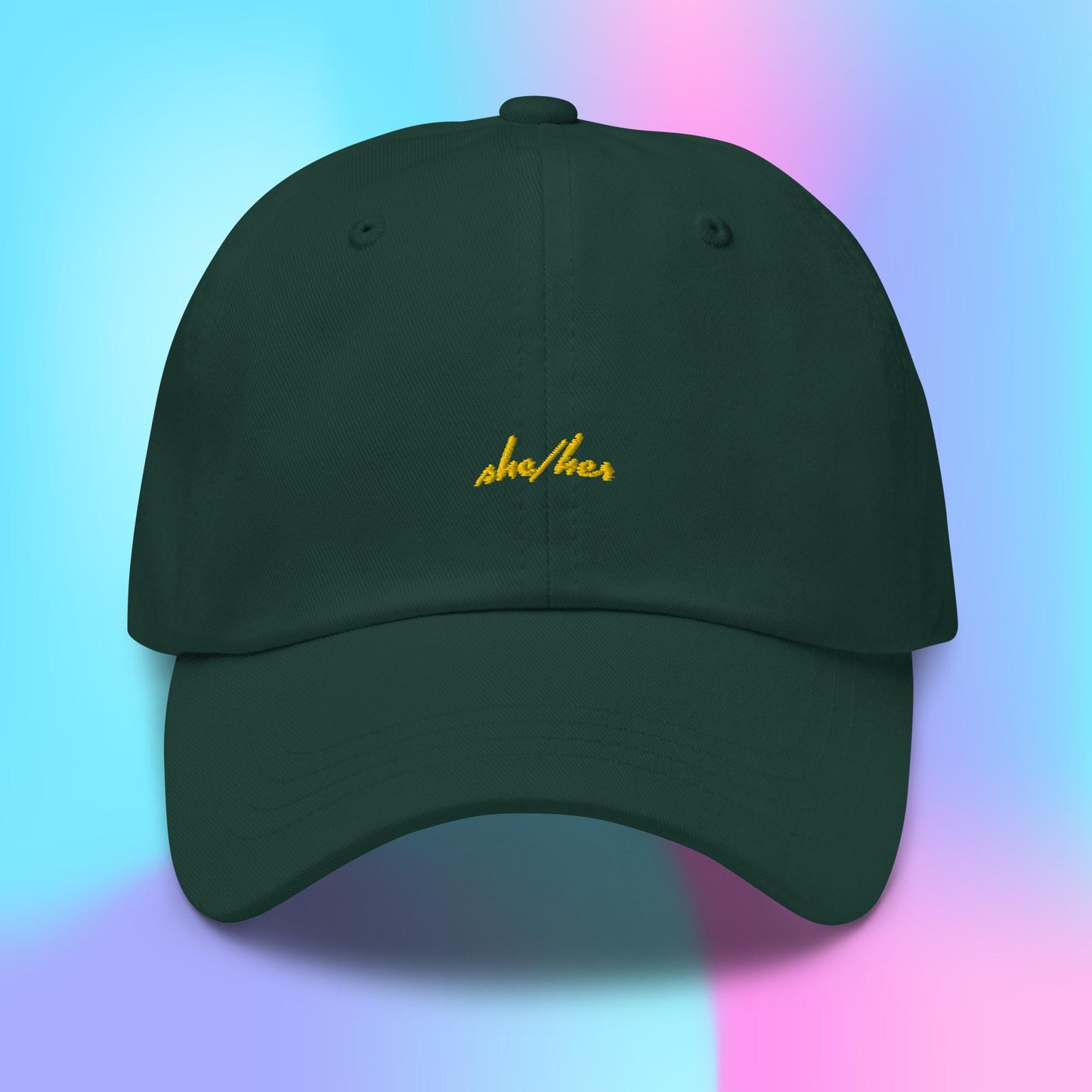 Pronouns Dad Hat - she/her - yellow stitch