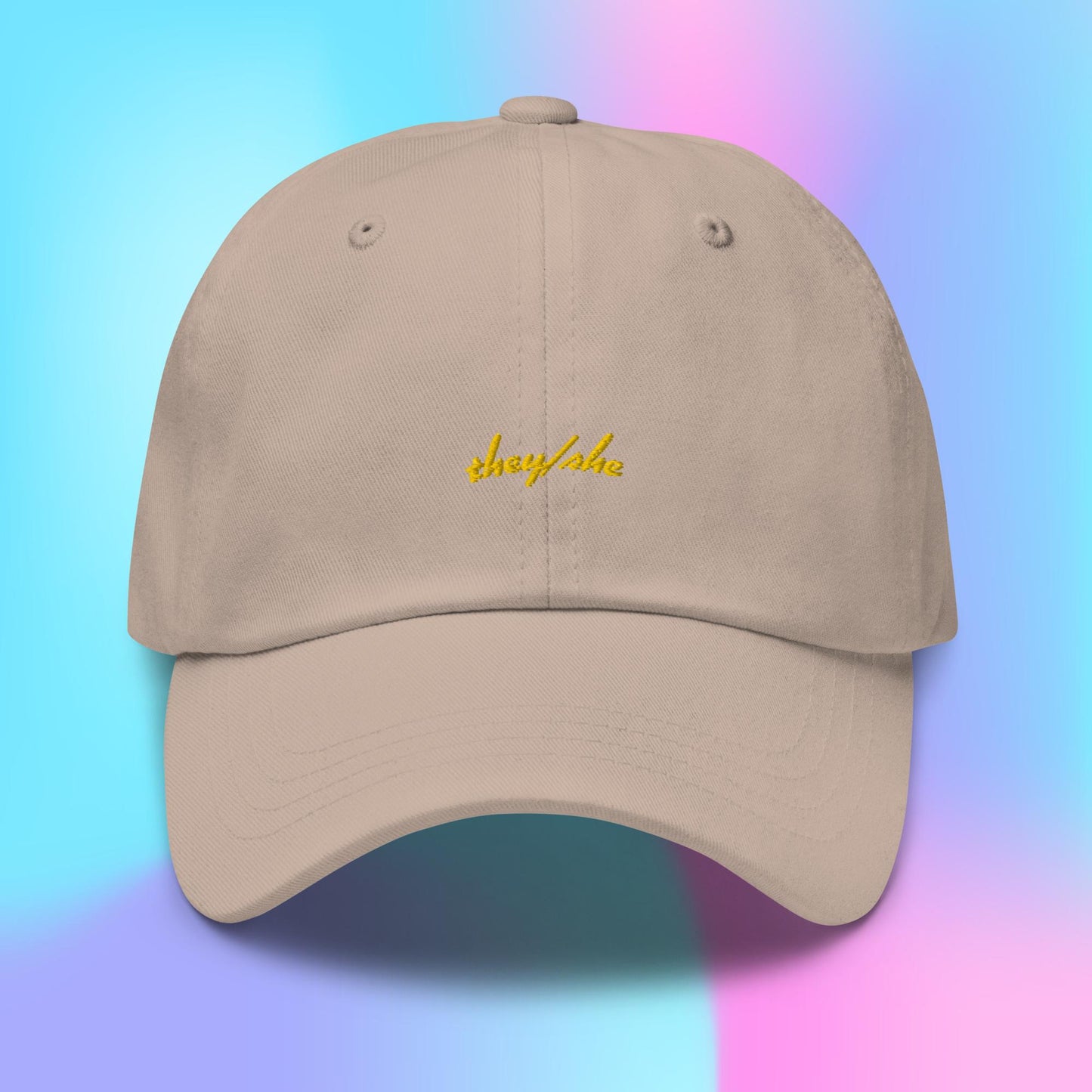 Pronouns Dad Hat - they/she - yellow stitch