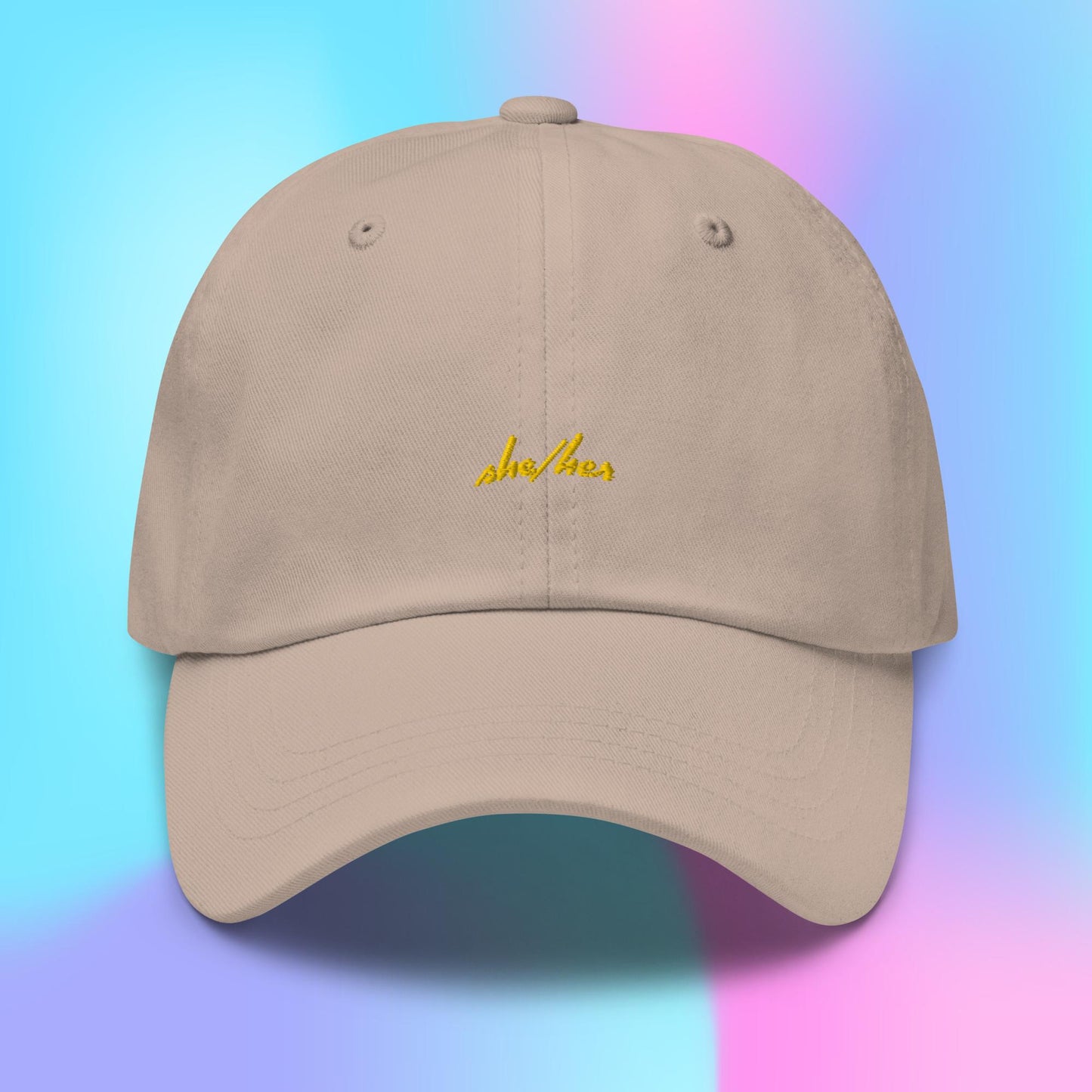 Pronouns Dad Hat - she/her - yellow stitch