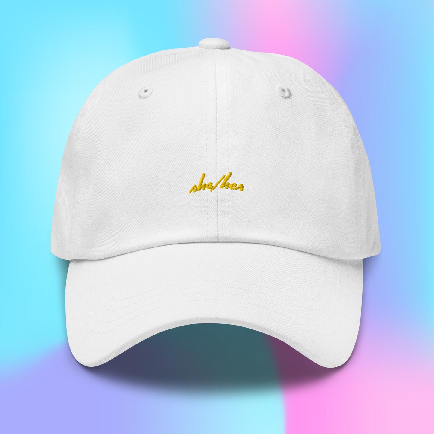 Pronouns Dad Hat - she/her - yellow stitch