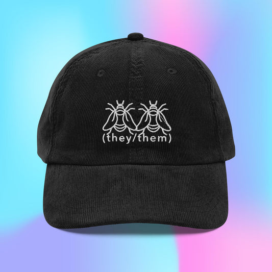 Swarm of bees pronouns they/them corduroy dad hat