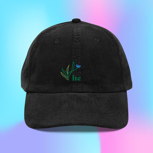 Pronouns he floral corduroy hat